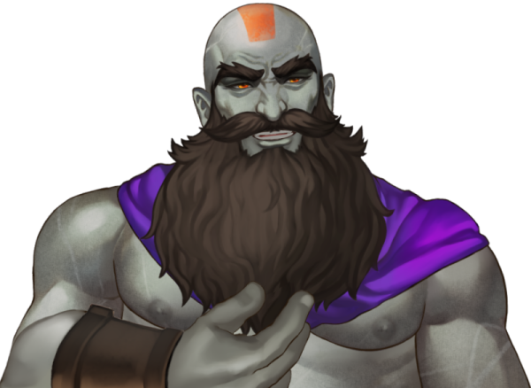 Chest-up shot of Gen Denelith smiling and stroking his beard.  Gen is a stone dwarf made of light grey soapstone, wearing a purple shawl with a long beard and orange paint on the top of his head like a tattoo.